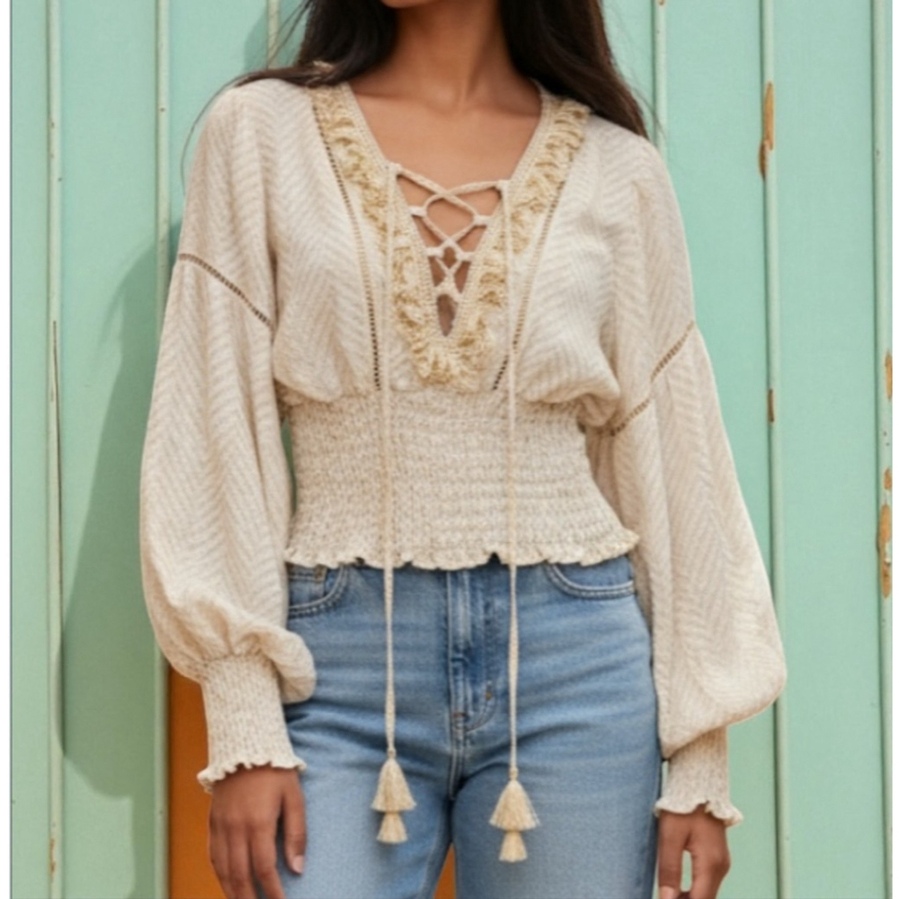 Pho Firenze Linen Blend Boho Shimmer Top